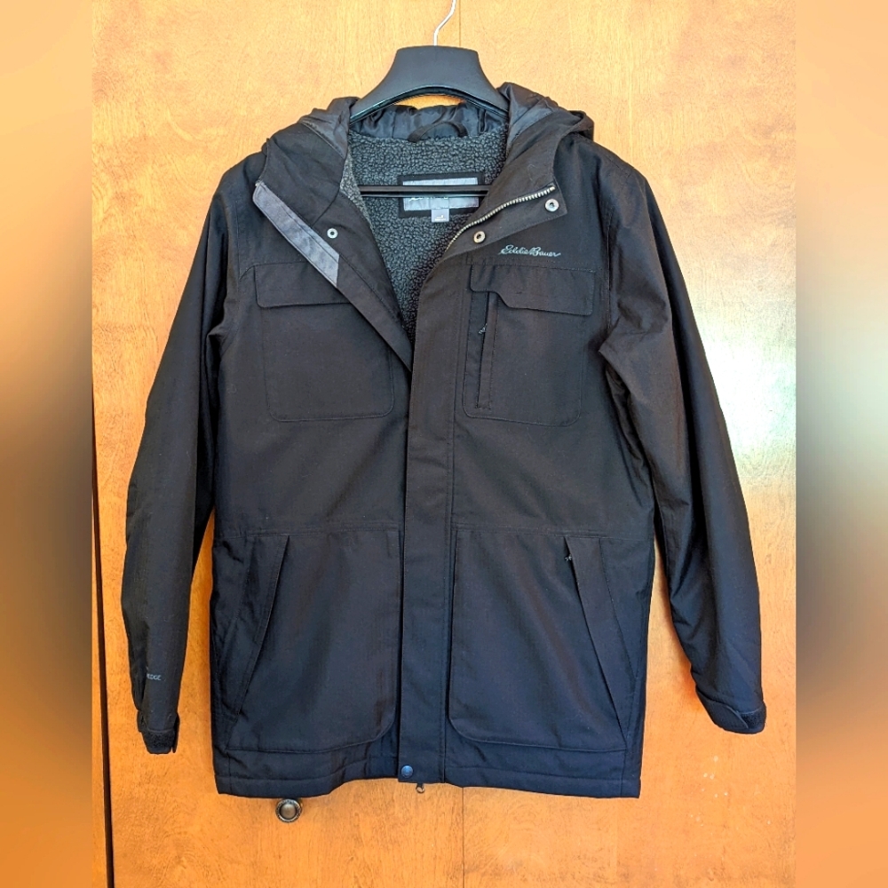 Eddie Bauer Weatheredge Men's Black Hooded Raincoat Hip-Length